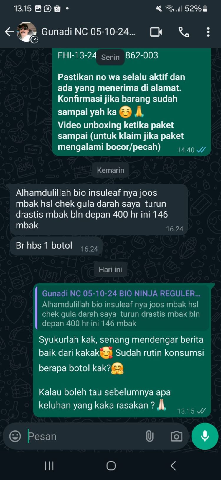 (Testimoni Bapak Gunadi, sumber : tim Bio Insuleaf)
