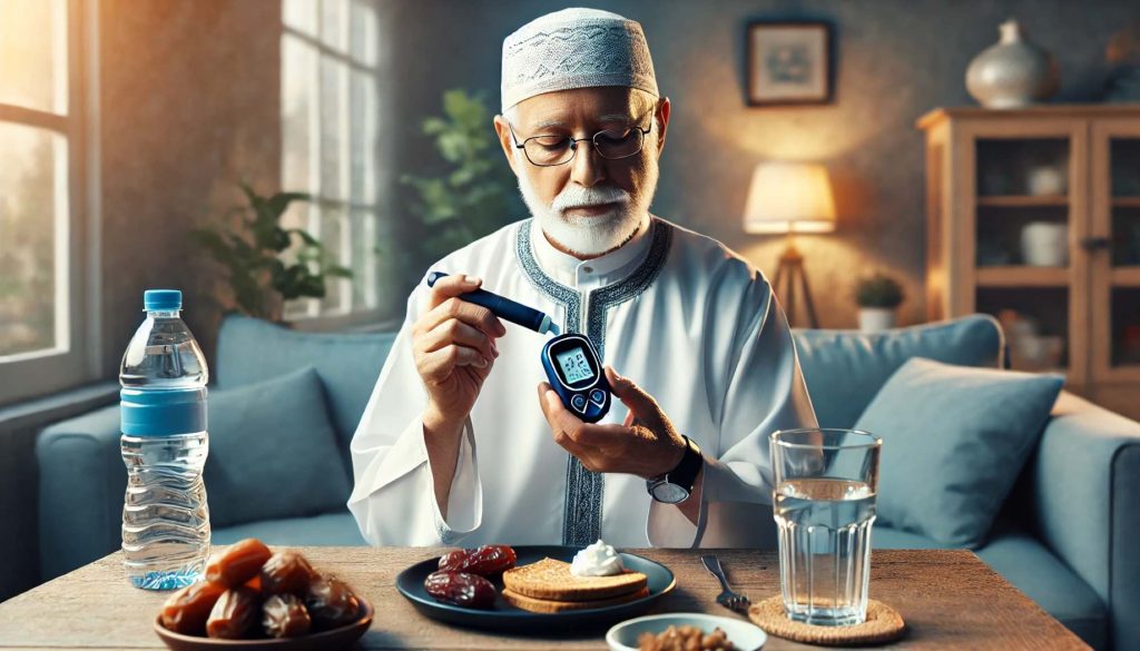 (Ilustrasi orang tua sedang mengecek kadar gula darah pada saat waktu berbuka puasa, sumber : AI Chatgpt)
