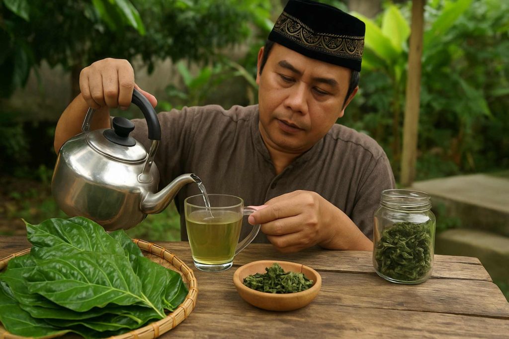 (Ilustrasi bapak-bapak sedang mengolah teh dari daun mengkudu, sumber : AI Chatgpt)