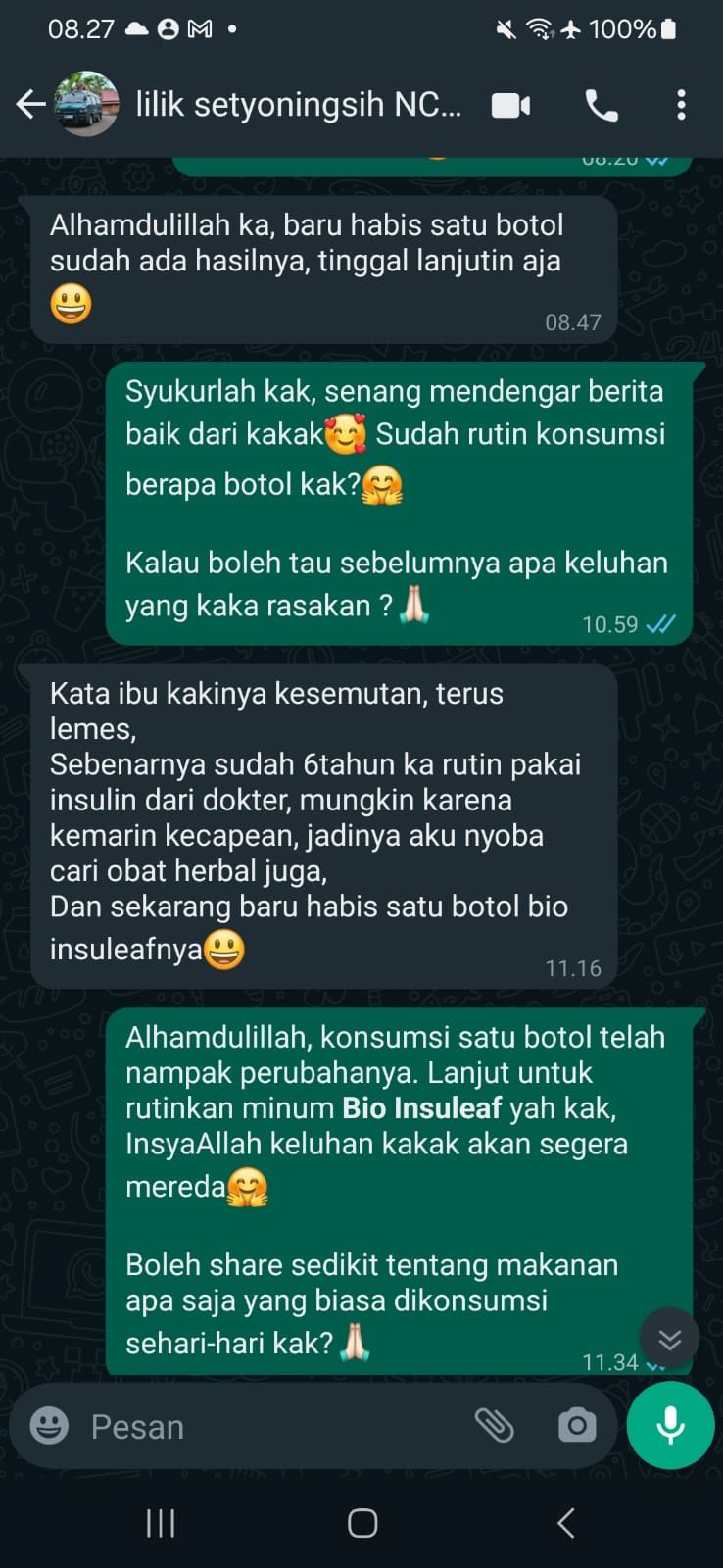 (Testimoni Kak Lilik Setyoningsih, sumber : tim Bio Insuleaf)