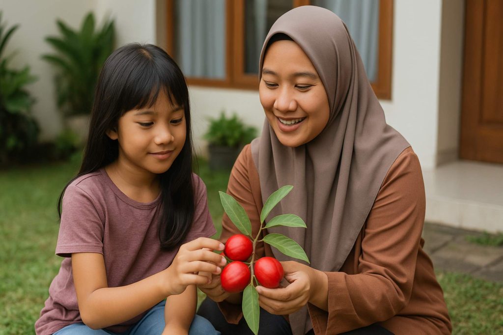 (Ilustrasi ibu sedang mengenali kepada sang anak mengenai tanaman herbal mahkota dewa, sumber : AI Chatgpt)