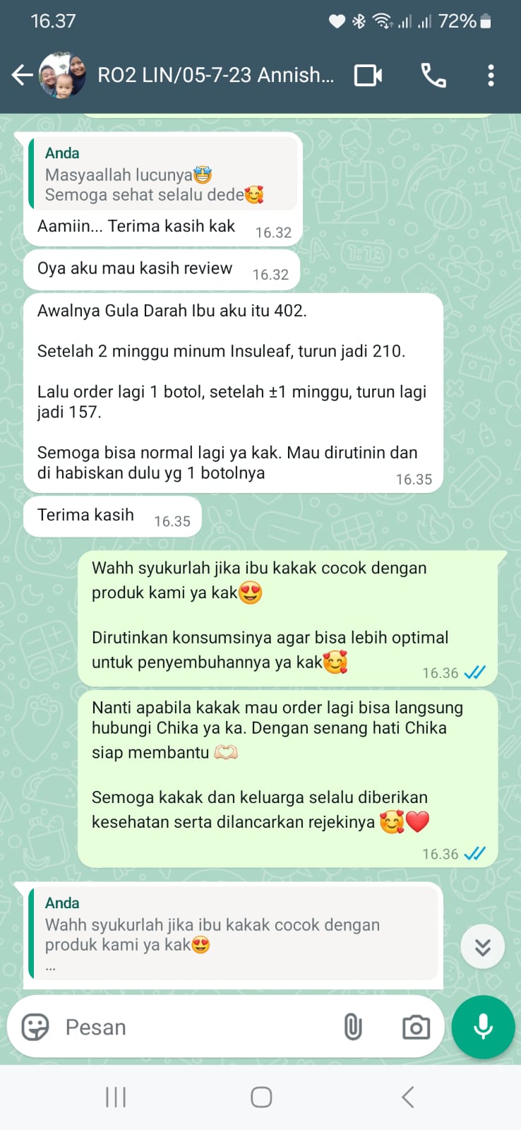 (Testimoni yang dihasilkan dari orang tua Kak Annisha, sumber : tim Bio Insuleaf)