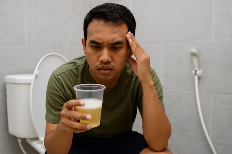 (Ilustrasi seseorang yang mengalami urin berbusa, sumber : AI Chatgpt)