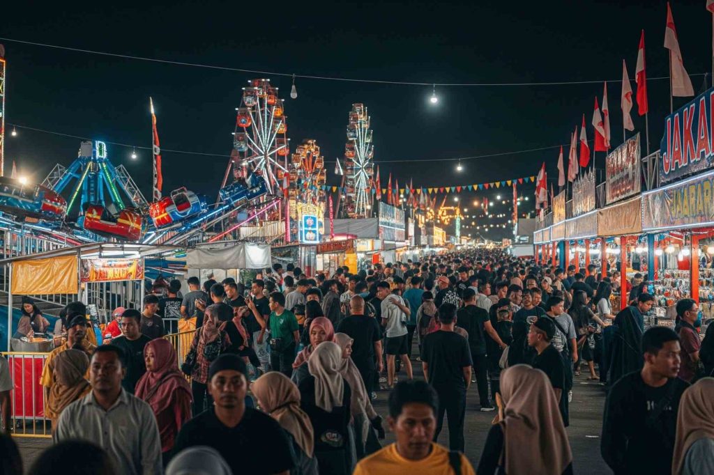 (Ilustrasi suasana Jakarta Fair 2025 di malam hari, sumber : Gemini AI)