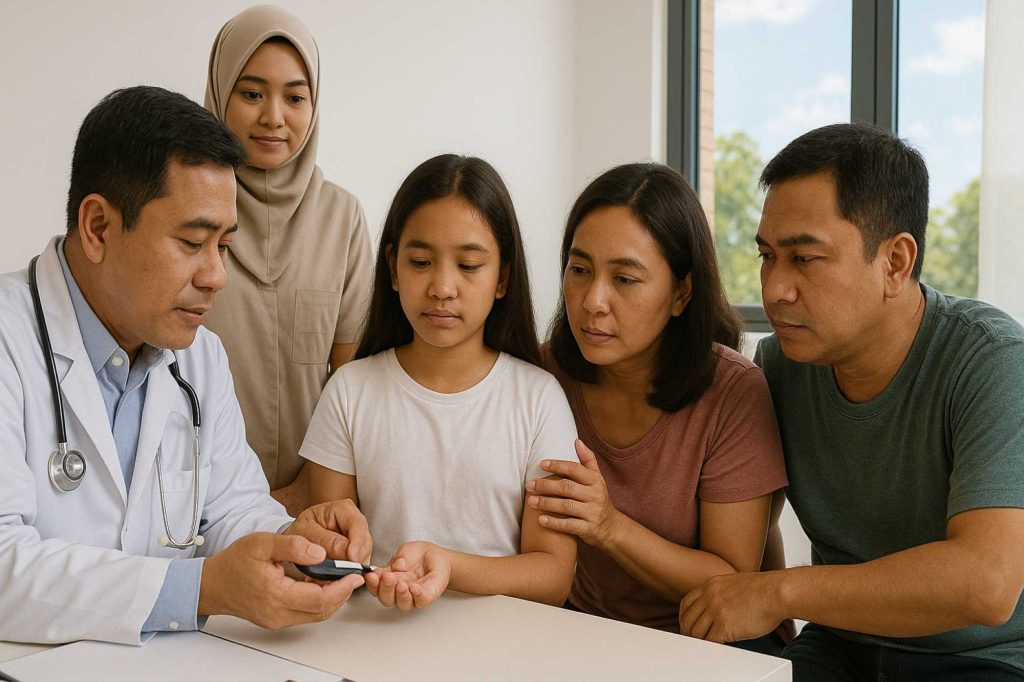 (Ilustrasi orang tua menemani sang anak mengecek kadar gula darah ke dokter pada hari anak nasional, sumber : AI)