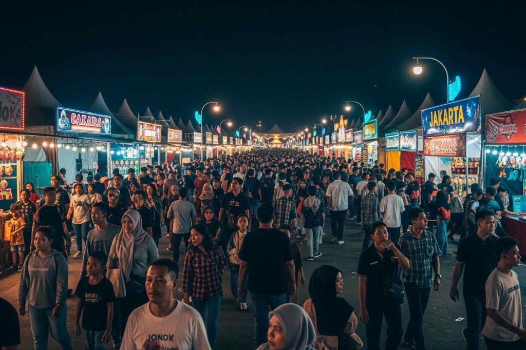(Ilustrasi pengunjung untuk mengunjungi Jakarta Fair di malam hari, sumber : Gemini AI)