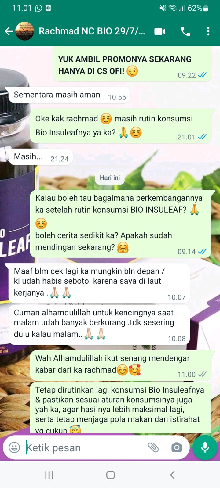 (Testimoni Kak Rachmad kencing di malam hari mulai berkurang, sumber : tim Bio Insuleaf)