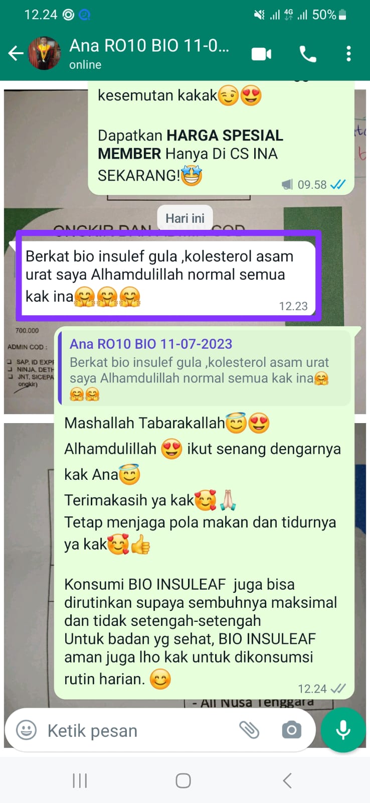 (Testimoni yang diberikan oleh Kak Ana karena gula darah, kolesterol, dan asam urat kembali normal, sumber : tim Bio Insuleaf)