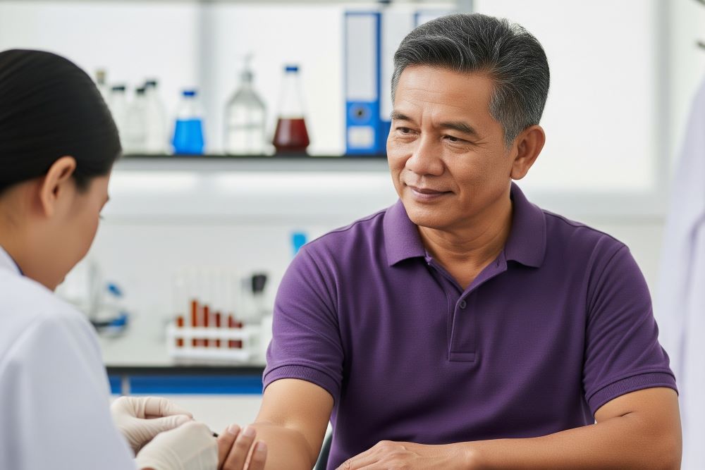 (Ilustrasi seorang pria cek gula darah di laboratorium, Sumber: AI Google Gemini)
