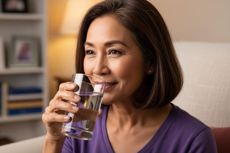 (Ilustrasi seseorang minum air putih agar gula darah lancar, Sumber: AI Google Gemini)